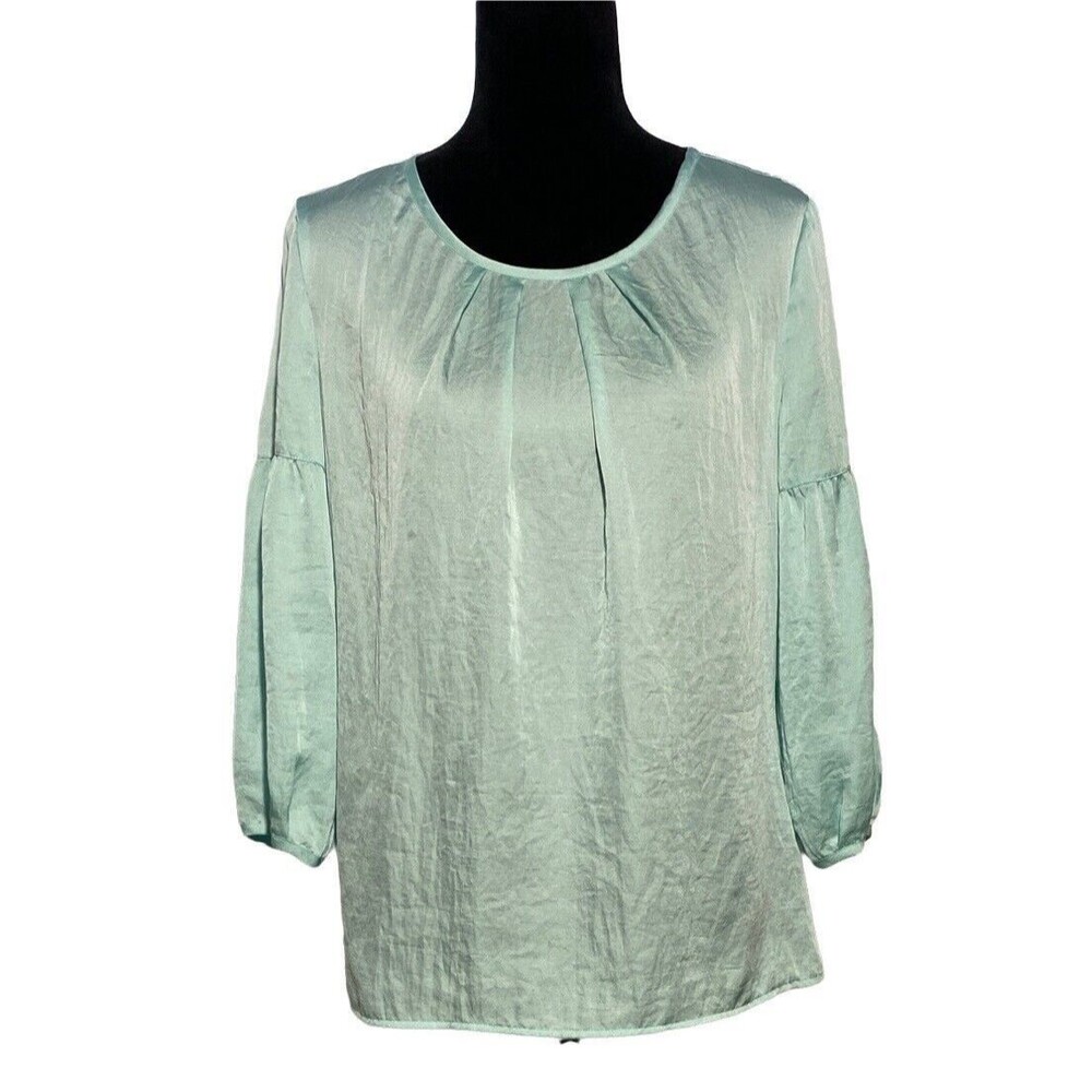 Talbots Blouse‎ 10 Pastel Aqua Blue Satin Crinkle Fabric 3/4 Lantern Sl Top